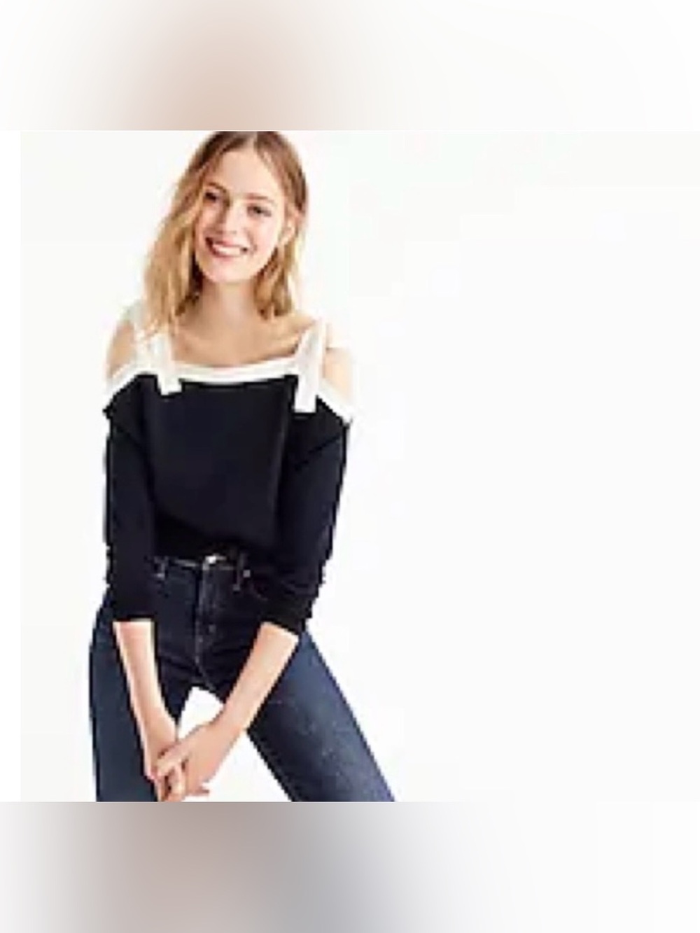 J. Crew Black Cold-Shoulder Sweater with White Trim 100% wool NWOT XS